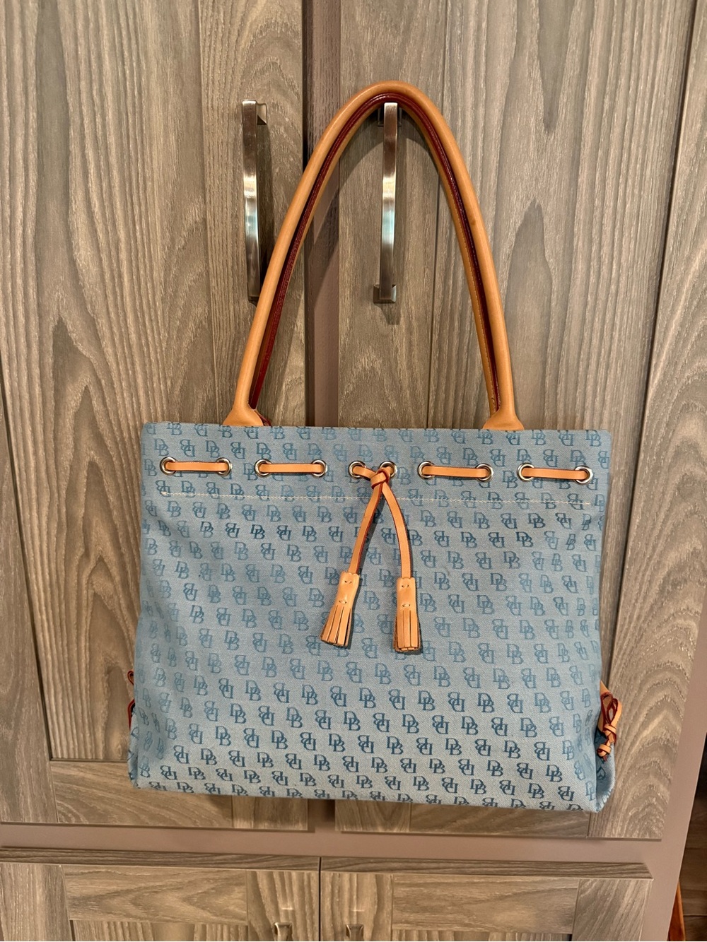 Large Dooney & Bourke Blue Canvas Logo Tote Bag with Tan Leather Trim